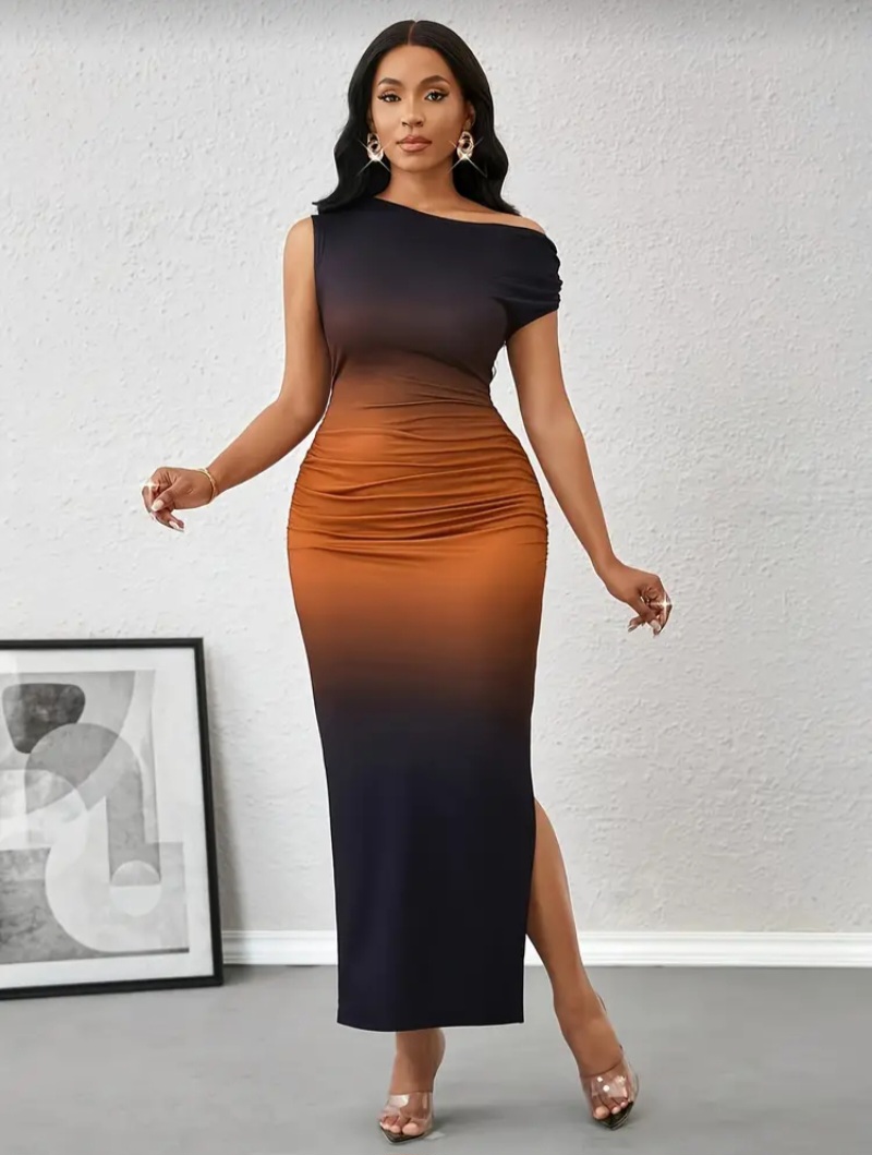 Elegant Dress for Summer Holiday Parties, Featuring a Gradient Print, Asymmetrical Shoulder, Irregular Sleeves, And a Fitted Silhouette with a Slit